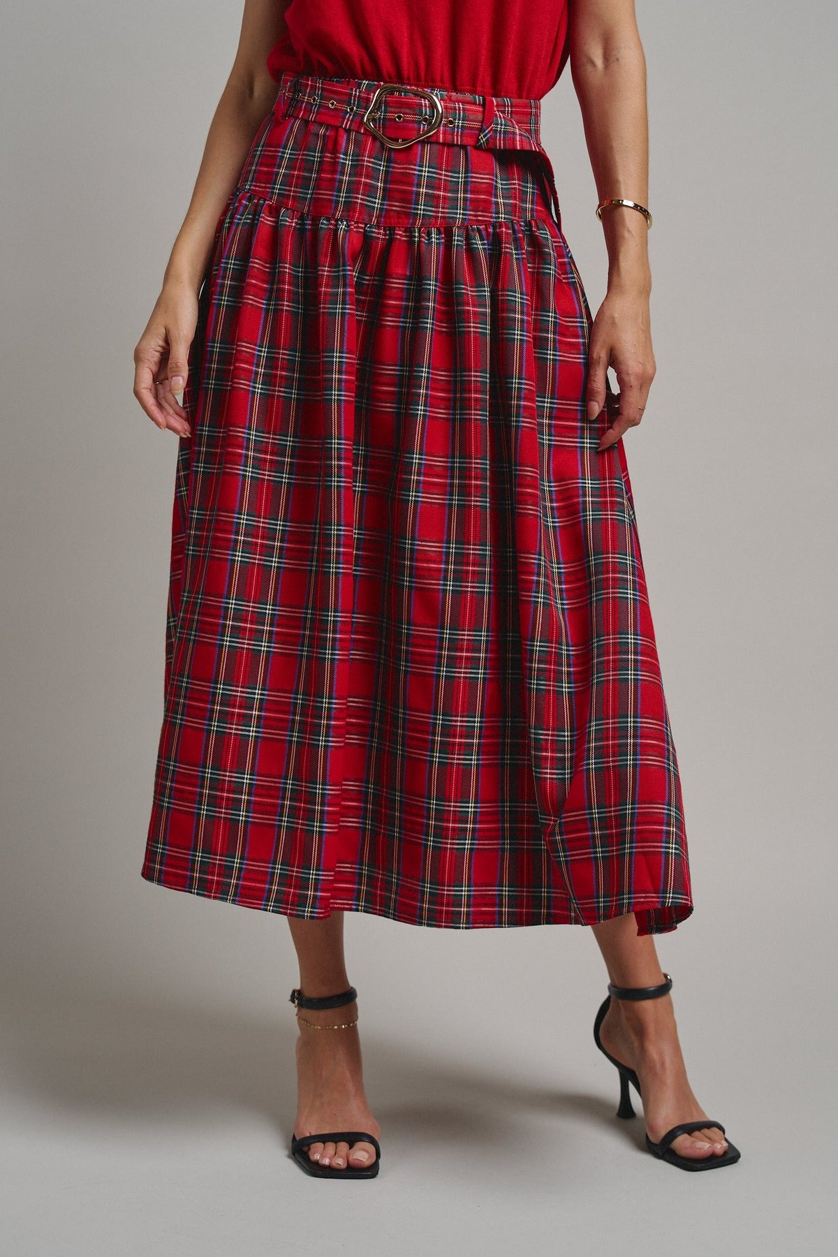Tartan Twirl Belted Midi Skirt in Red - Women's Midi Skirts | Urban Daizy