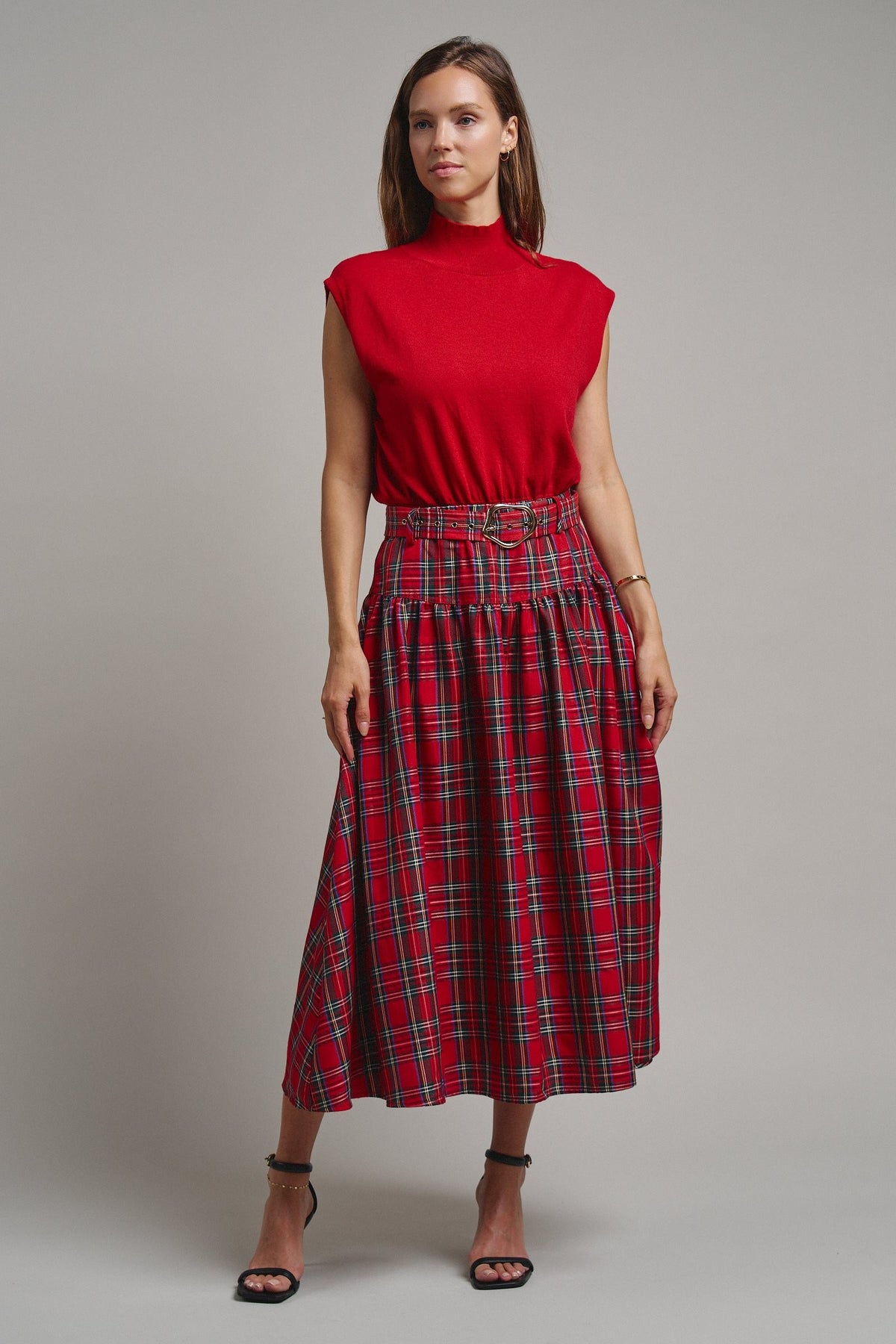 Tartan Twirl Belted Midi Skirt in Red - Women's Midi Skirts | Urban Daizy