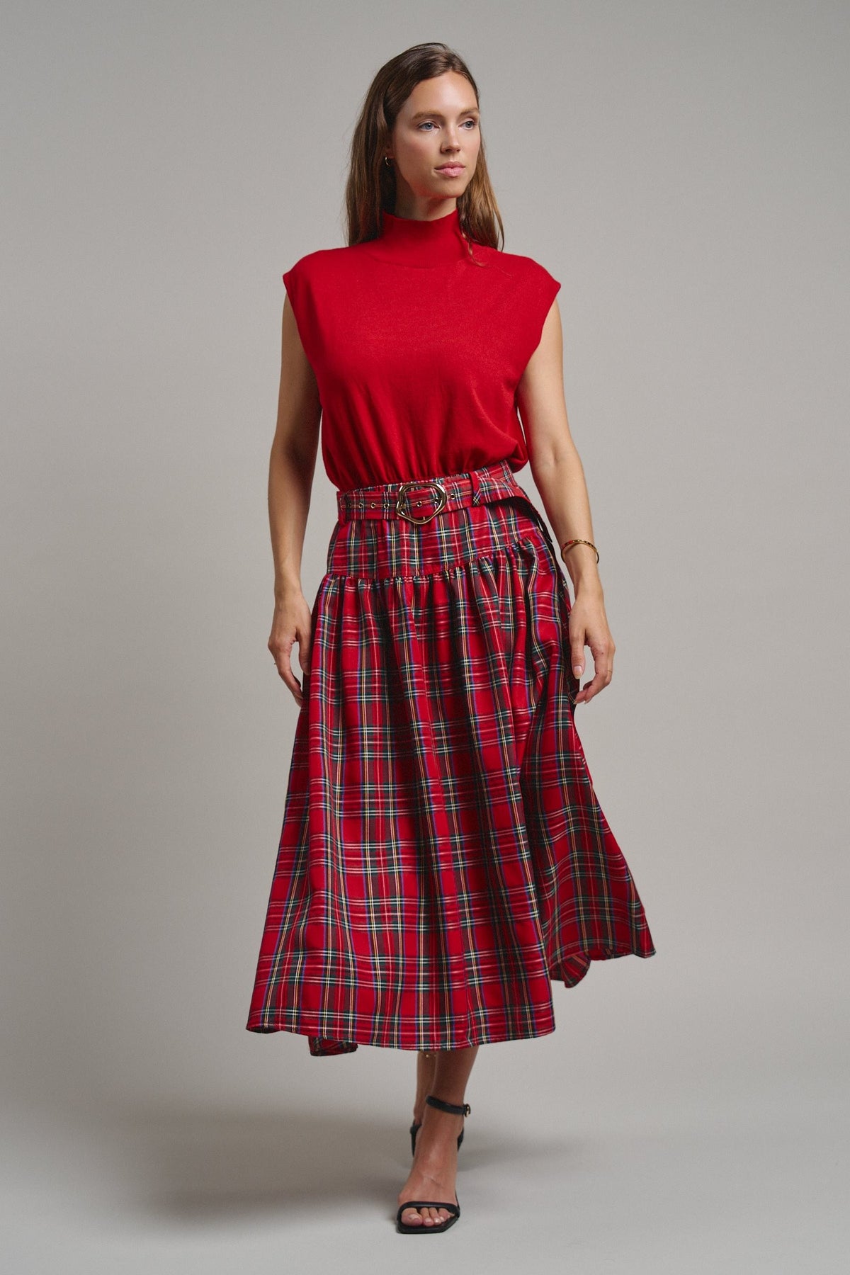 Tartan Twirl Belted Midi Skirt in Red - Women's Midi Skirts | Urban Daizy