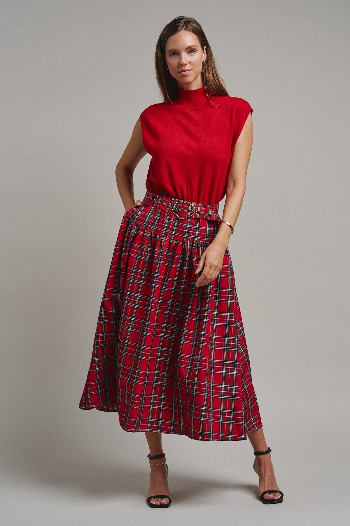 Tartan Twirl Belted Midi Skirt in Red - Women's Midi Skirts | Urban Daizy