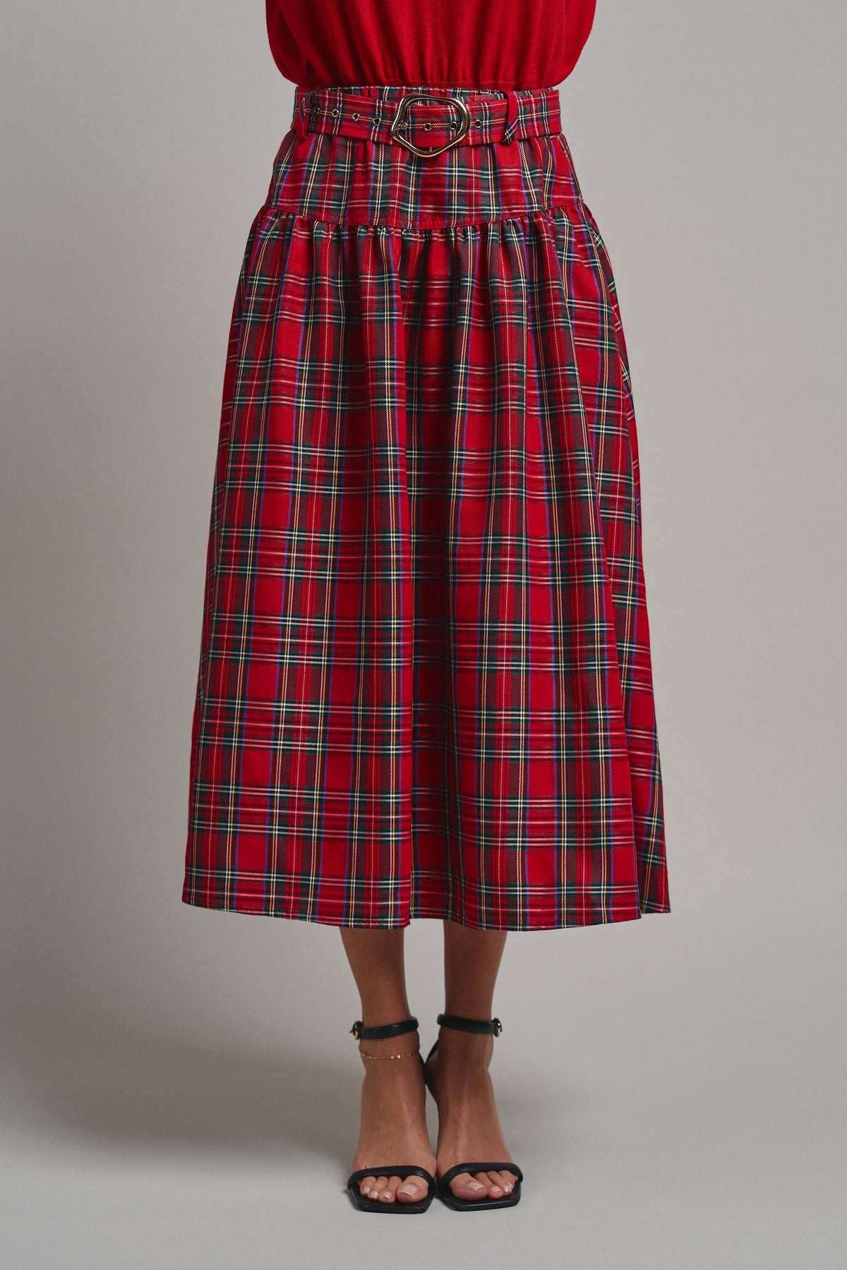 Tartan Twirl Belted Midi Skirt in Red - Women's Midi Skirts | Urban Daizy