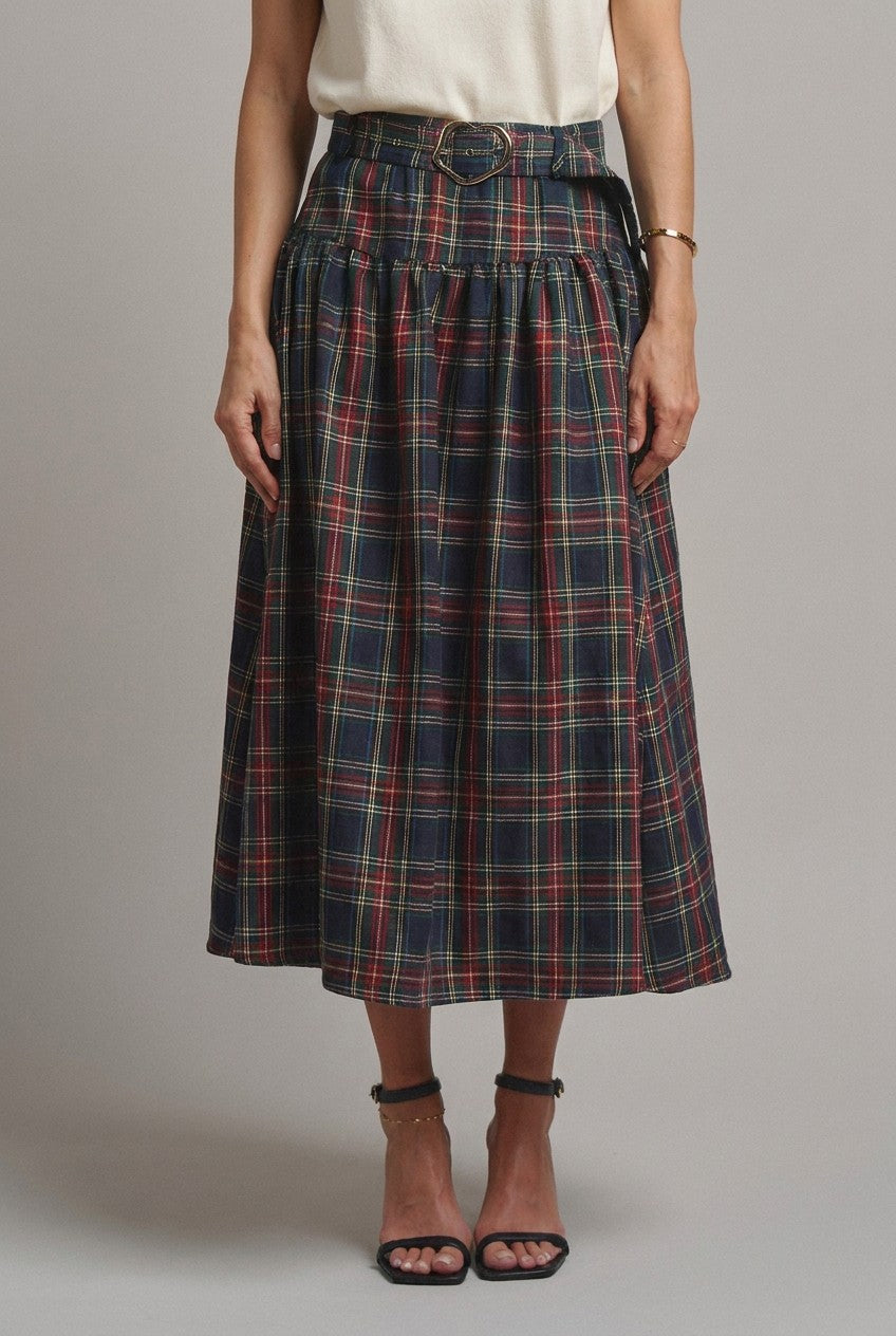 Tartan Twirl Belted Midi Skirt in Red - Women's Midi Skirts | Urban Daizy