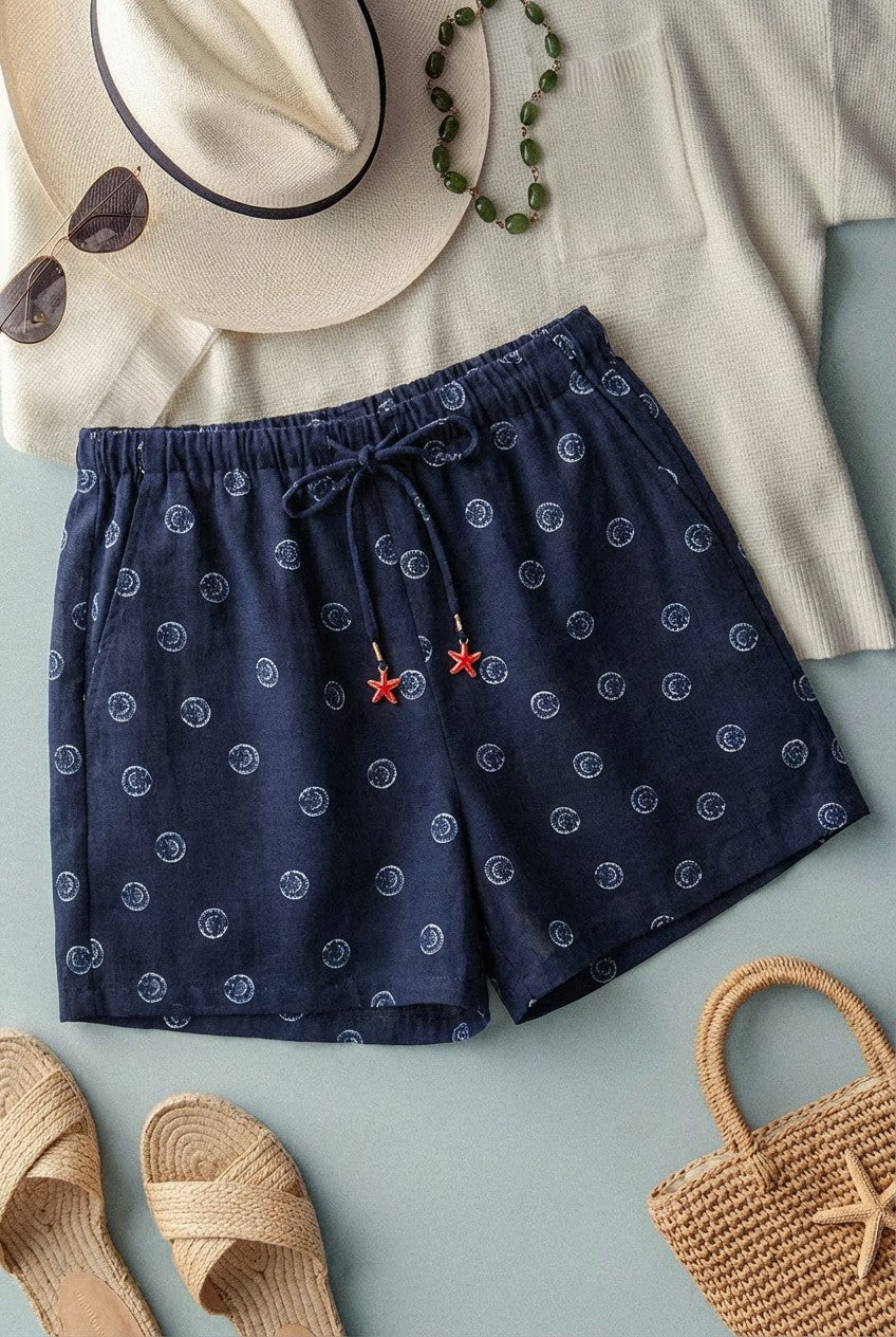 Navy Sand Dollar Print Drawstring Shorts in Navy - Women's Fashion | Urban Daizy