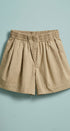 Cotton Twill Pleated Shorts with Button Front in Khaki - Women's Fashion | Urban Daizy