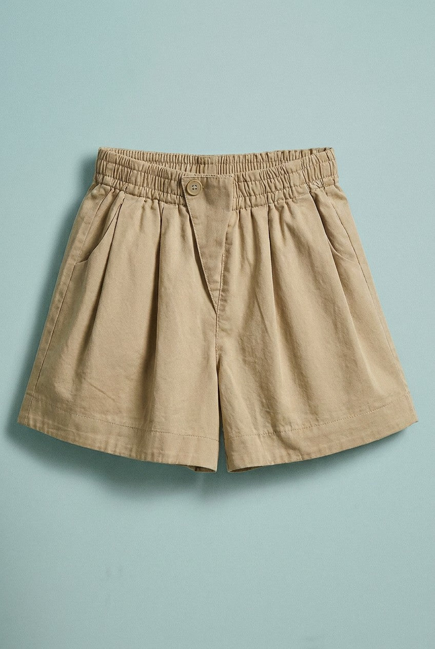 Cotton Twill Pleated Shorts with Button Front in Khaki - Women's Fashion | Urban Daizy