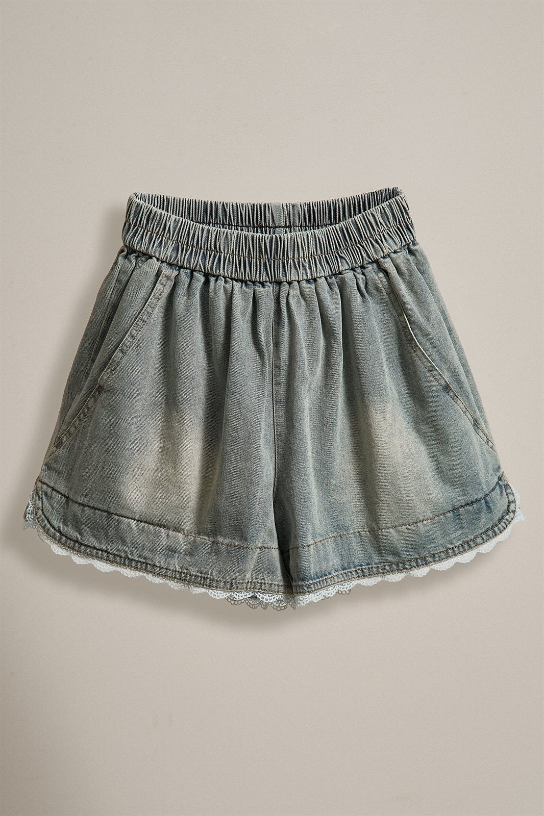 Lace Trim High Rise Vintage Wash Denim Shorts in Denim - Women's Fashion | Urban Daizy