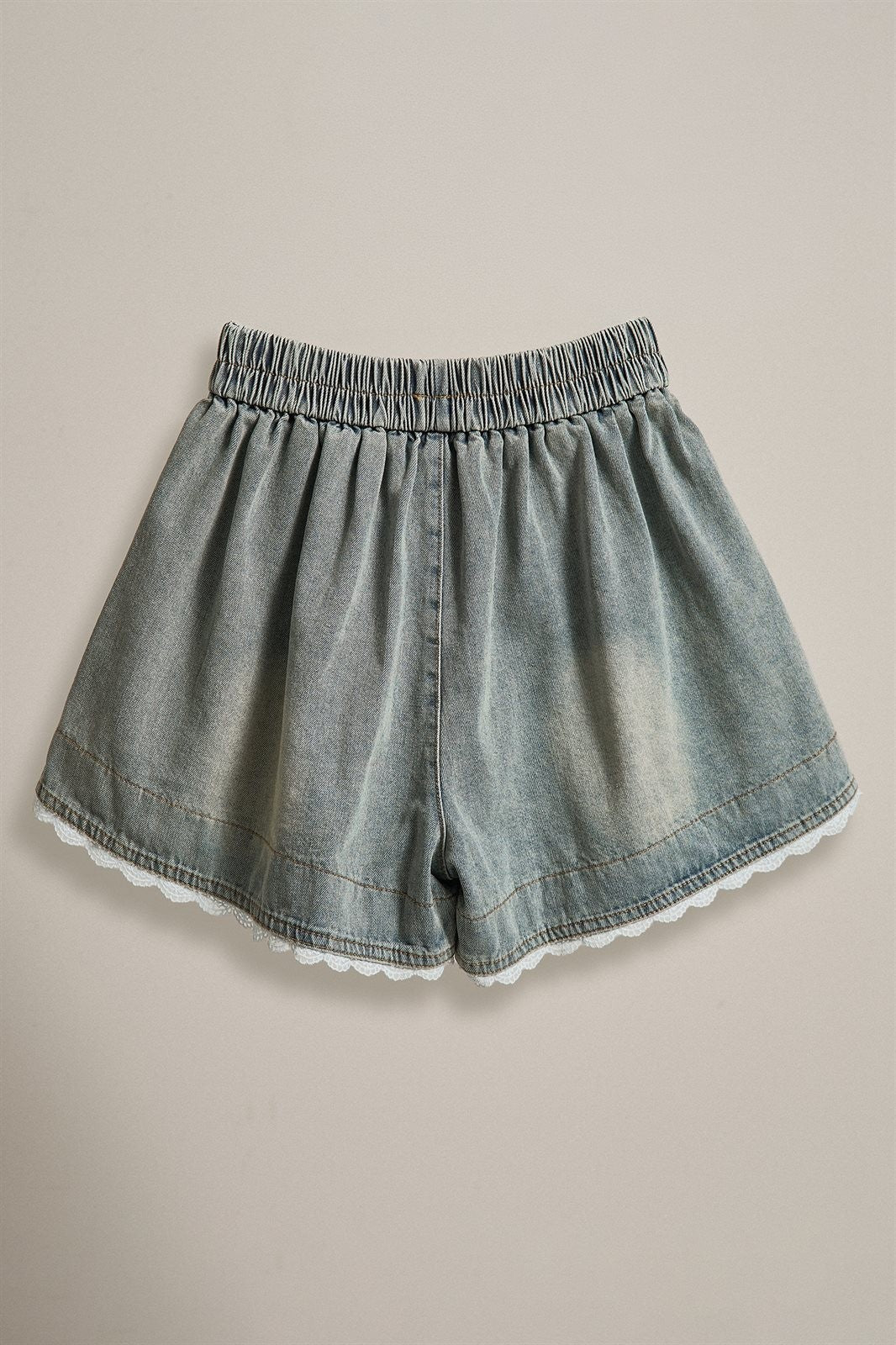 Lace Trim High Rise Vintage Wash Denim Shorts in Denim - Women's Fashion | Urban Daizy