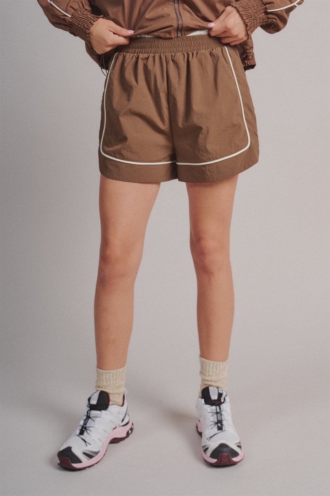 Nylon Track Shorts with Contrast Piping in Brown - Women's Fashion | Urban Daizy