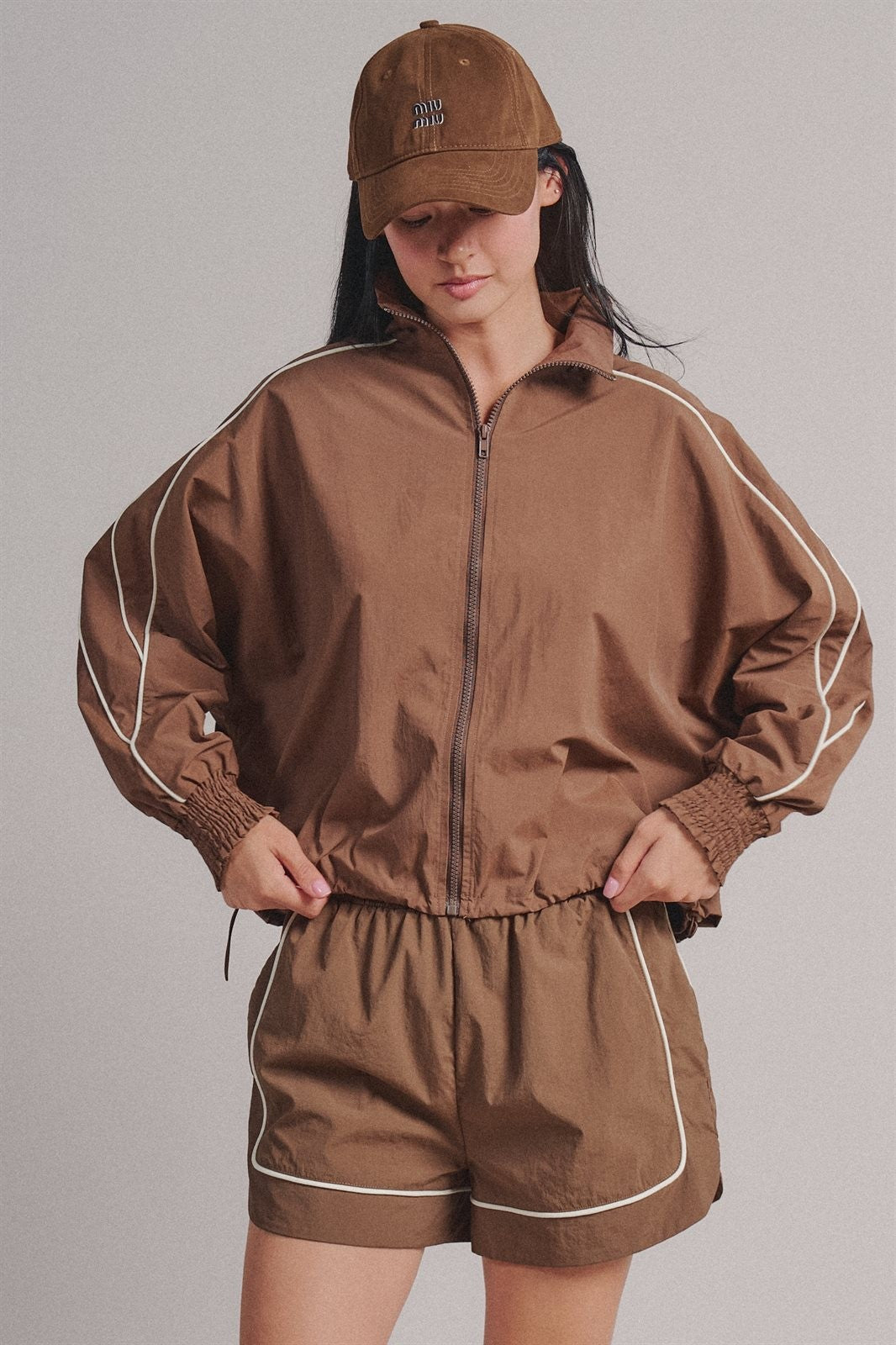 Nylon Track Shorts with Contrast Piping in Brown - Women's Fashion | Urban Daizy