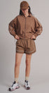 Nylon Track Shorts with Contrast Piping in Brown - Women's Fashion | Urban Daizy