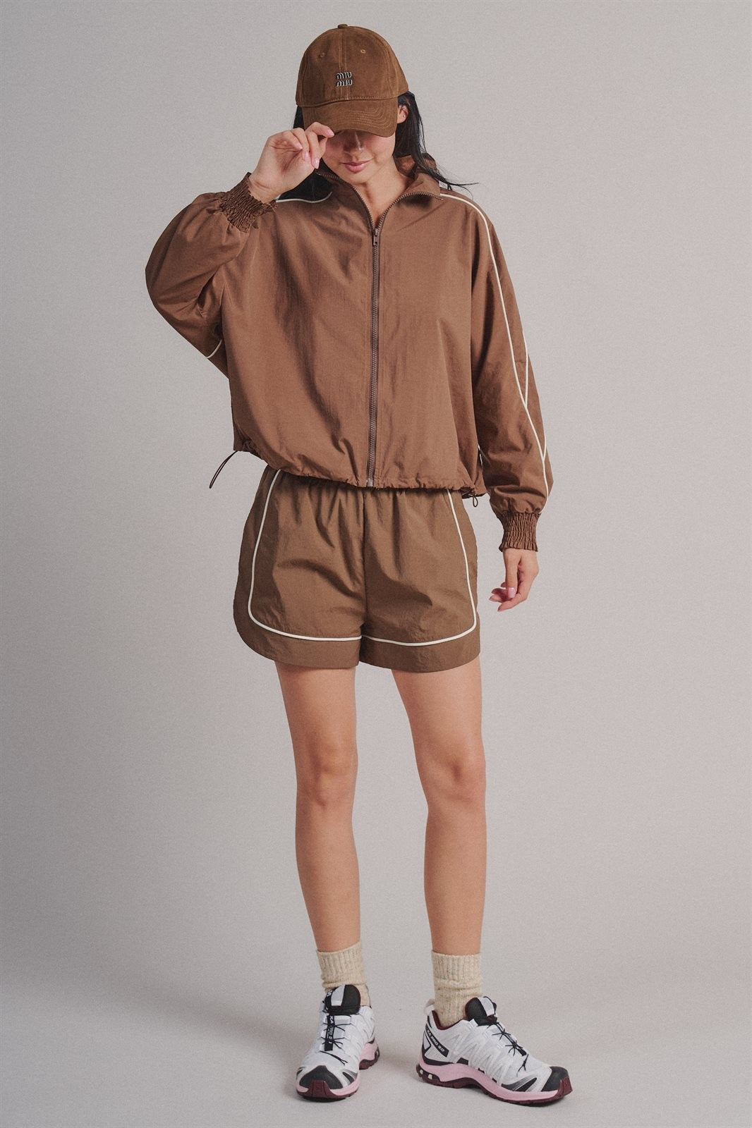 Nylon Track Shorts with Contrast Piping in Brown - Women's Fashion | Urban Daizy