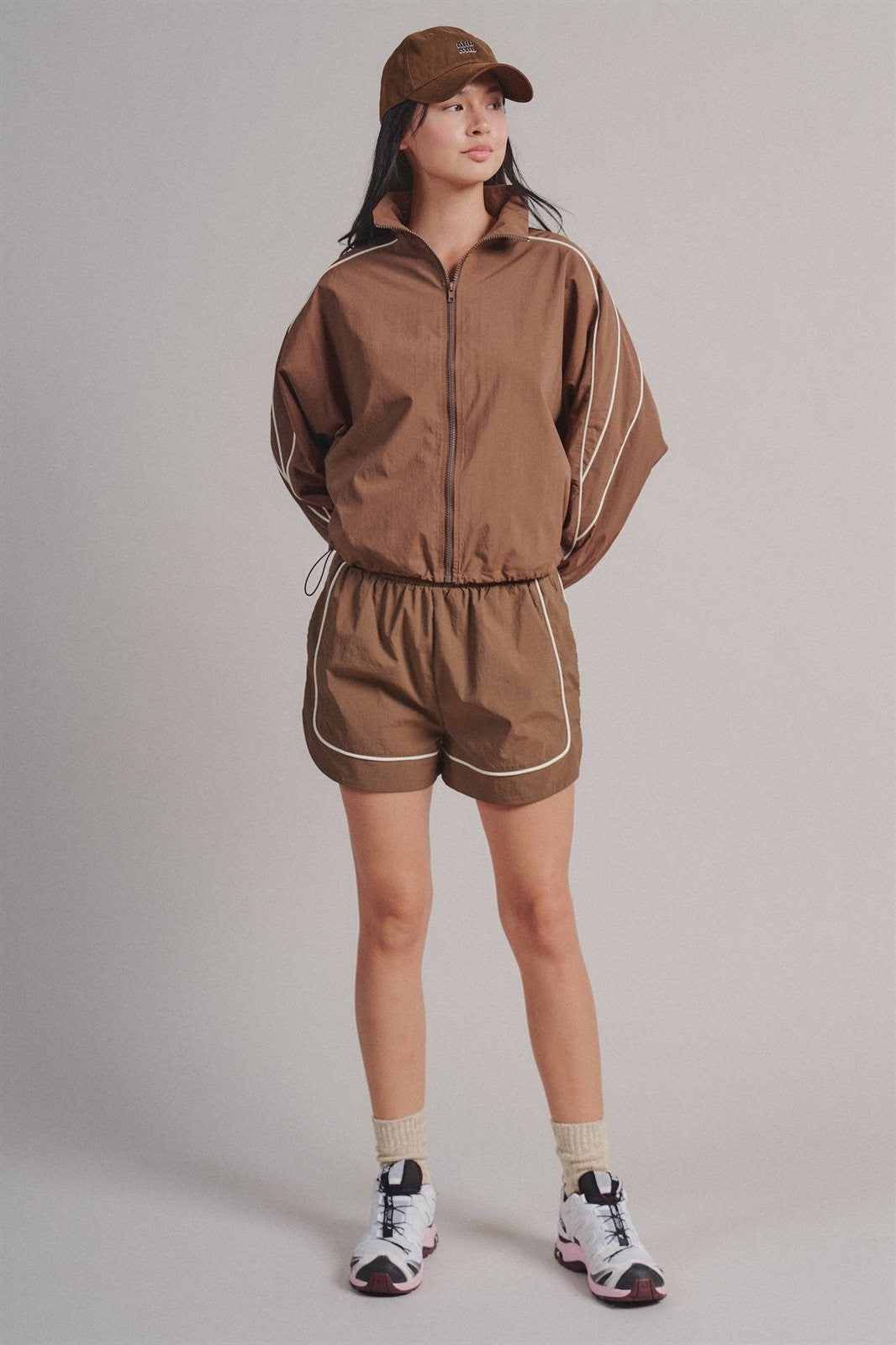 Nylon Track Shorts with Contrast Piping in Brown - Women's Fashion | Urban Daizy