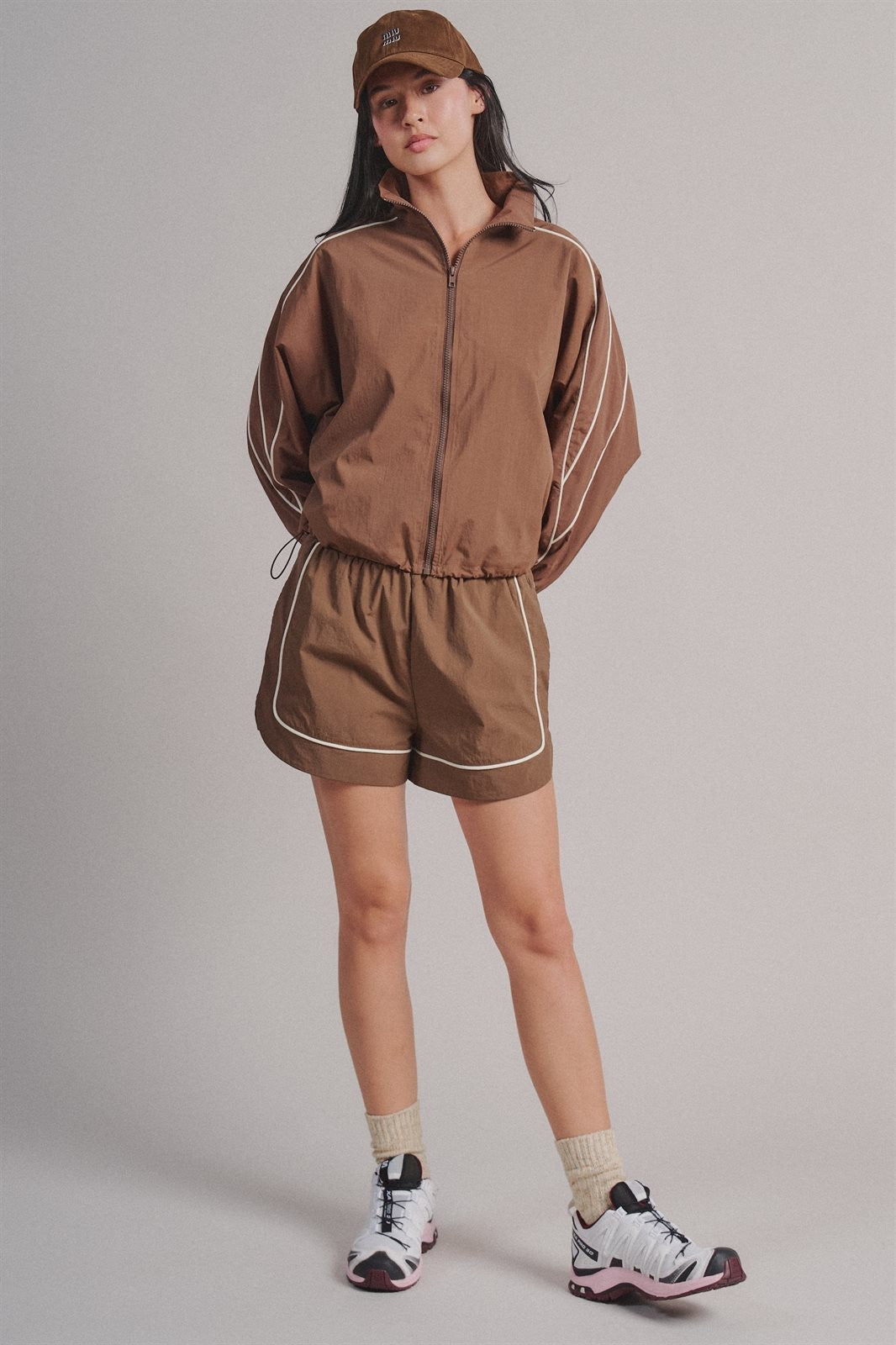 Nylon Track Shorts with Contrast Piping in Brown - Women's Fashion | Urban Daizy