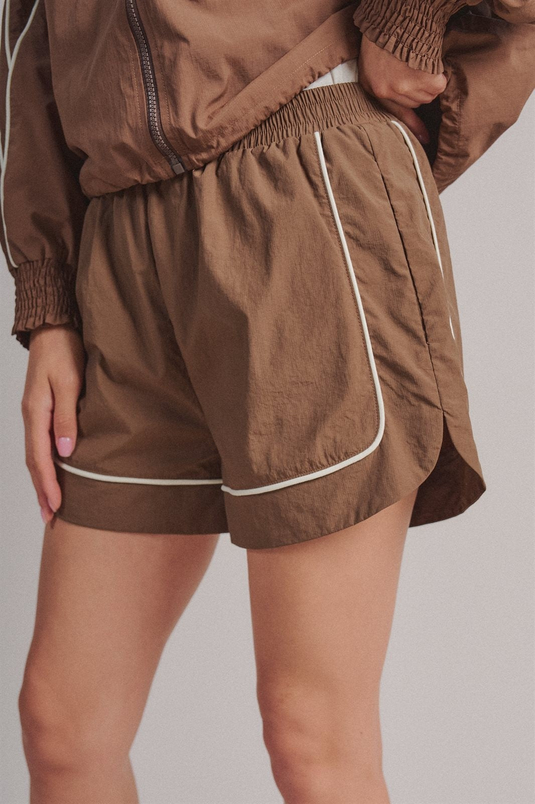 Nylon Track Shorts with Contrast Piping in Brown - Women's Fashion | Urban Daizy