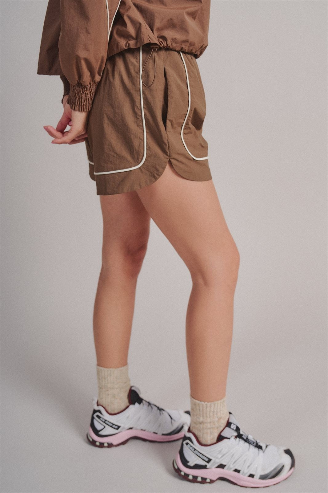 Nylon Track Shorts with Contrast Piping in Brown - Women's Fashion | Urban Daizy