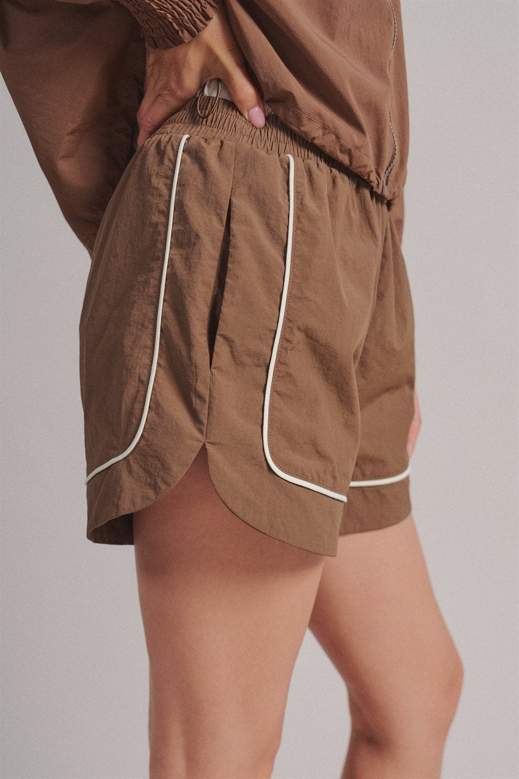 Nylon Track Shorts with Contrast Piping in Brown - Women's Fashion | Urban Daizy