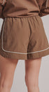 Nylon Track Shorts with Contrast Piping in Brown - Women's Fashion | Urban Daizy