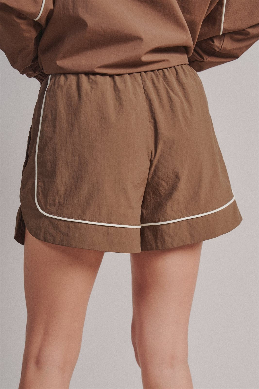 Nylon Track Shorts with Contrast Piping in Brown - Women's Fashion | Urban Daizy