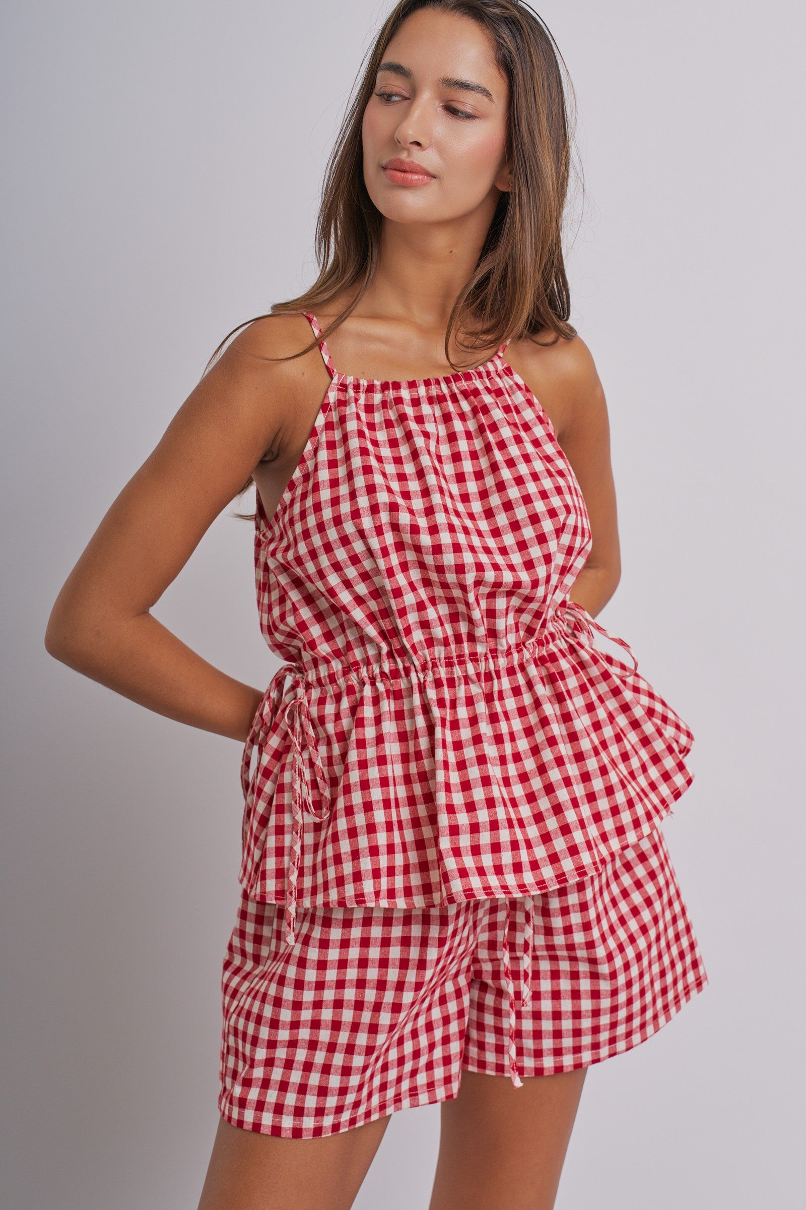 Gingham Two Piece Halter Top And Shorts Set in Red - Women's Sets | Urban Daizy