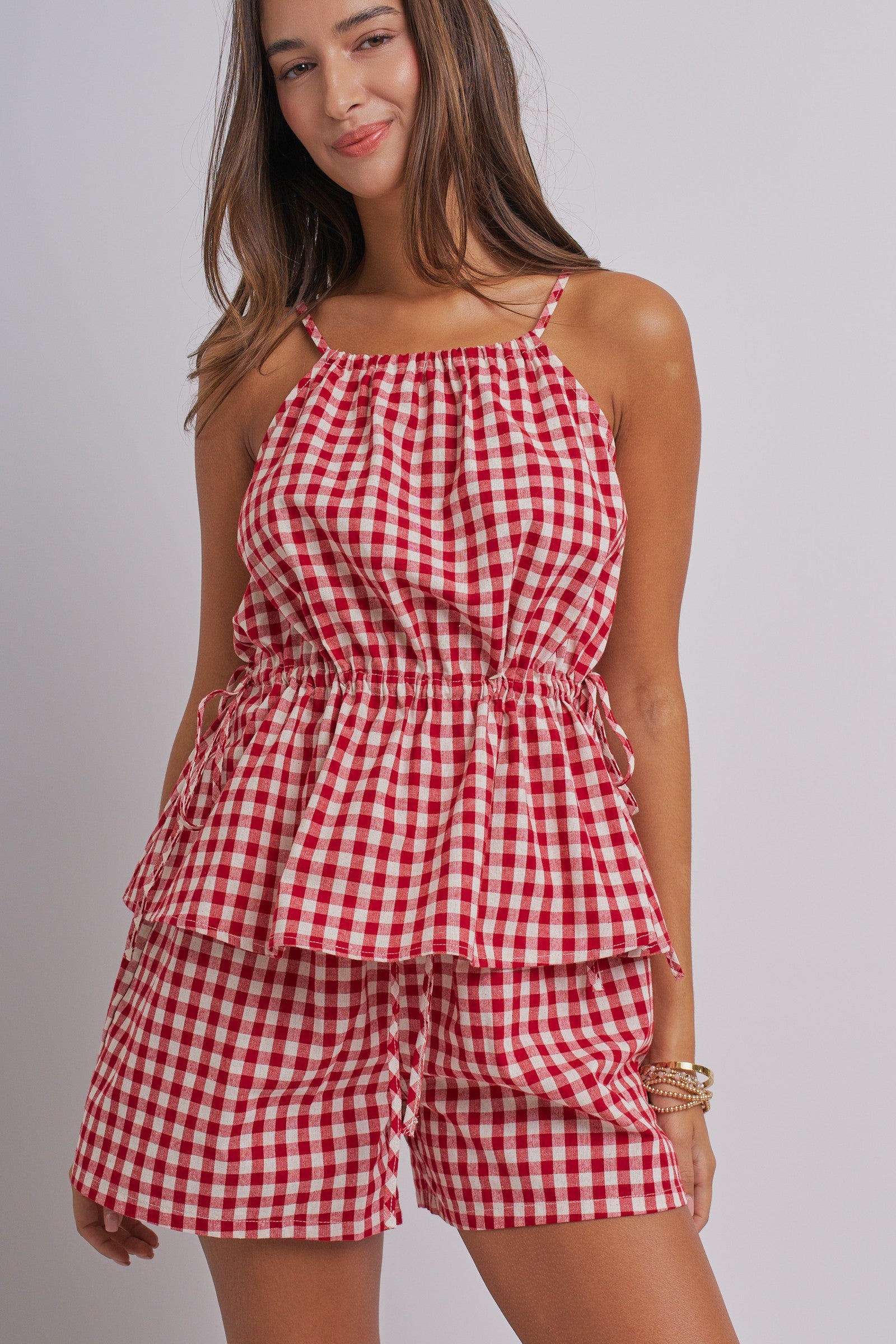 Gingham Two Piece Halter Top And Shorts Set in Red - Women's Sets | Urban Daizy