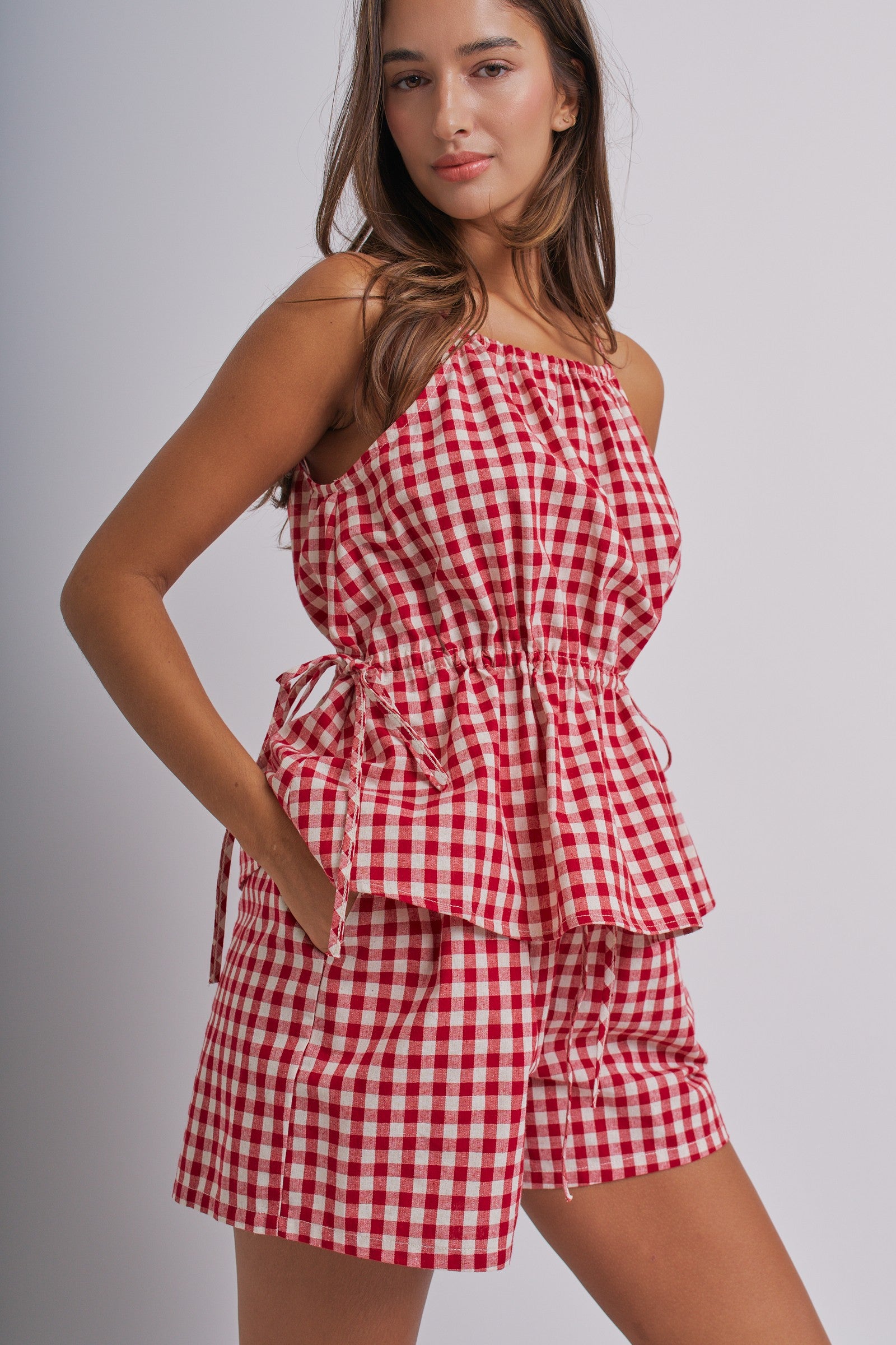 Gingham Two Piece Halter Top And Shorts Set in Red - Women's Sets | Urban Daizy