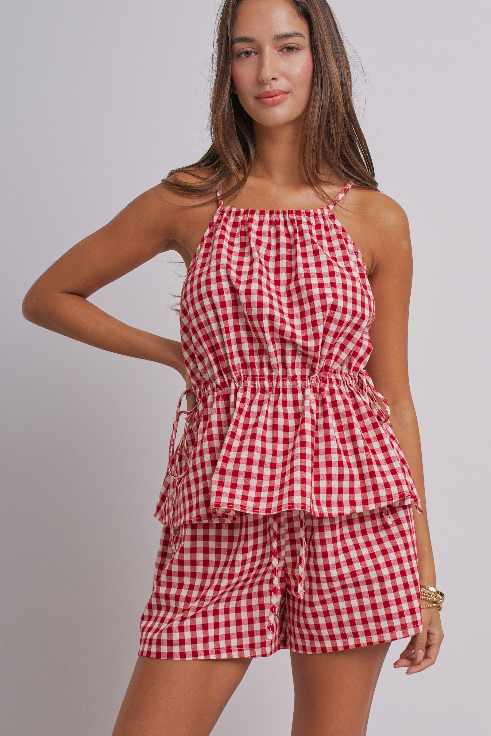 Gingham Two Piece Halter Top And Shorts Set in Red - Women's Sets | Urban Daizy