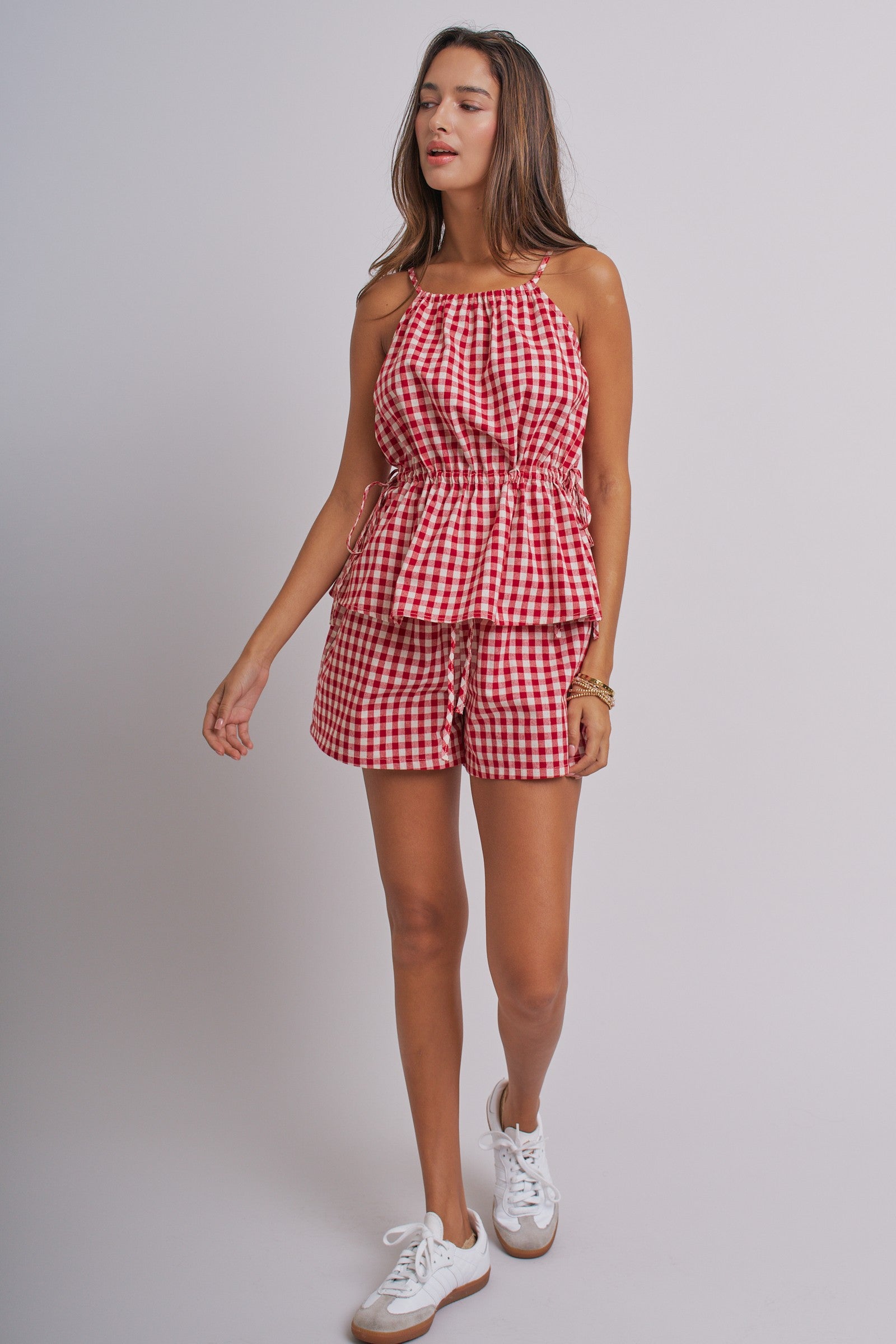 Gingham Two Piece Halter Top And Shorts Set in Red - Women's Sets | Urban Daizy