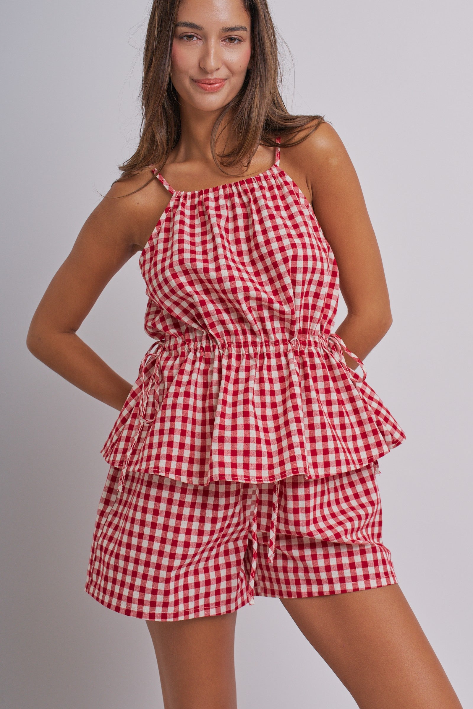Gingham Two Piece Halter Top And Shorts Set in Red - Women's Sets | Urban Daizy