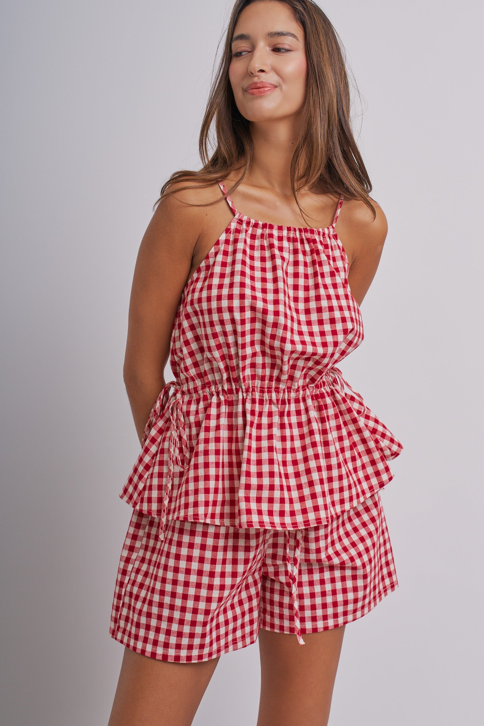 Gingham Two Piece Halter Top And Shorts Set in Red - Women's Sets | Urban Daizy