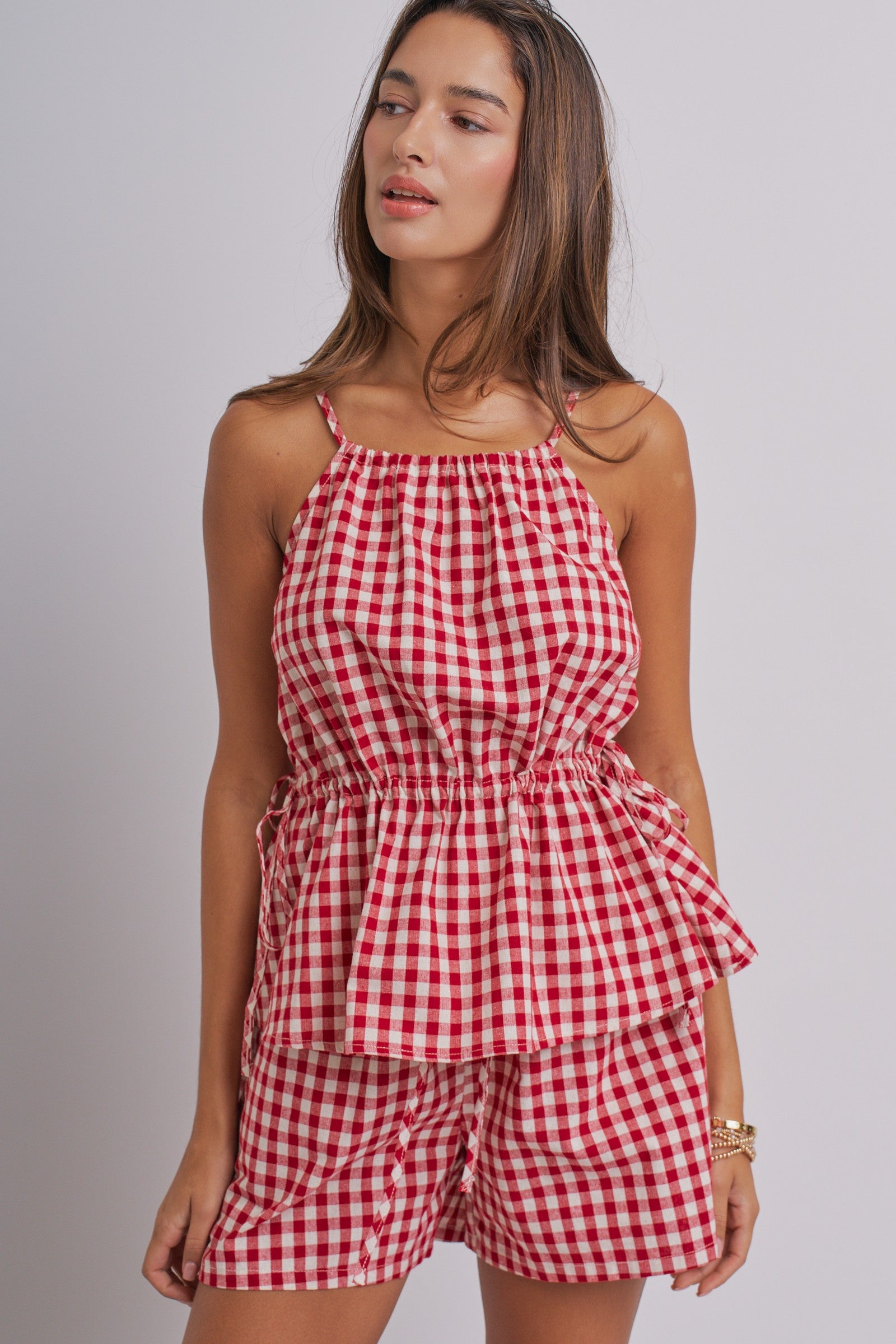 Gingham Two Piece Halter Top And Shorts Set in Red - Women's Sets | Urban Daizy