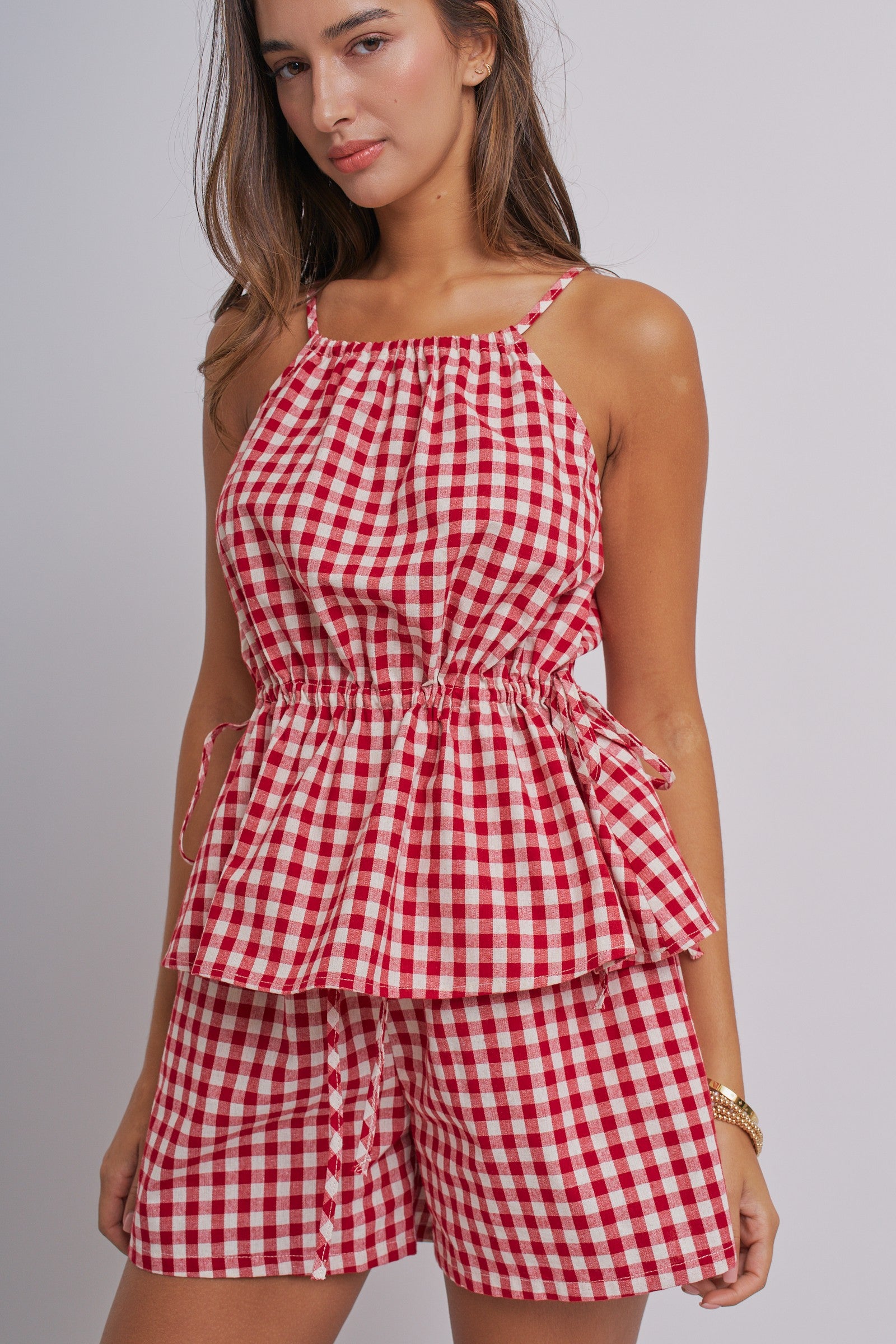 Gingham Two Piece Halter Top And Shorts Set in Red - Women's Sets | Urban Daizy