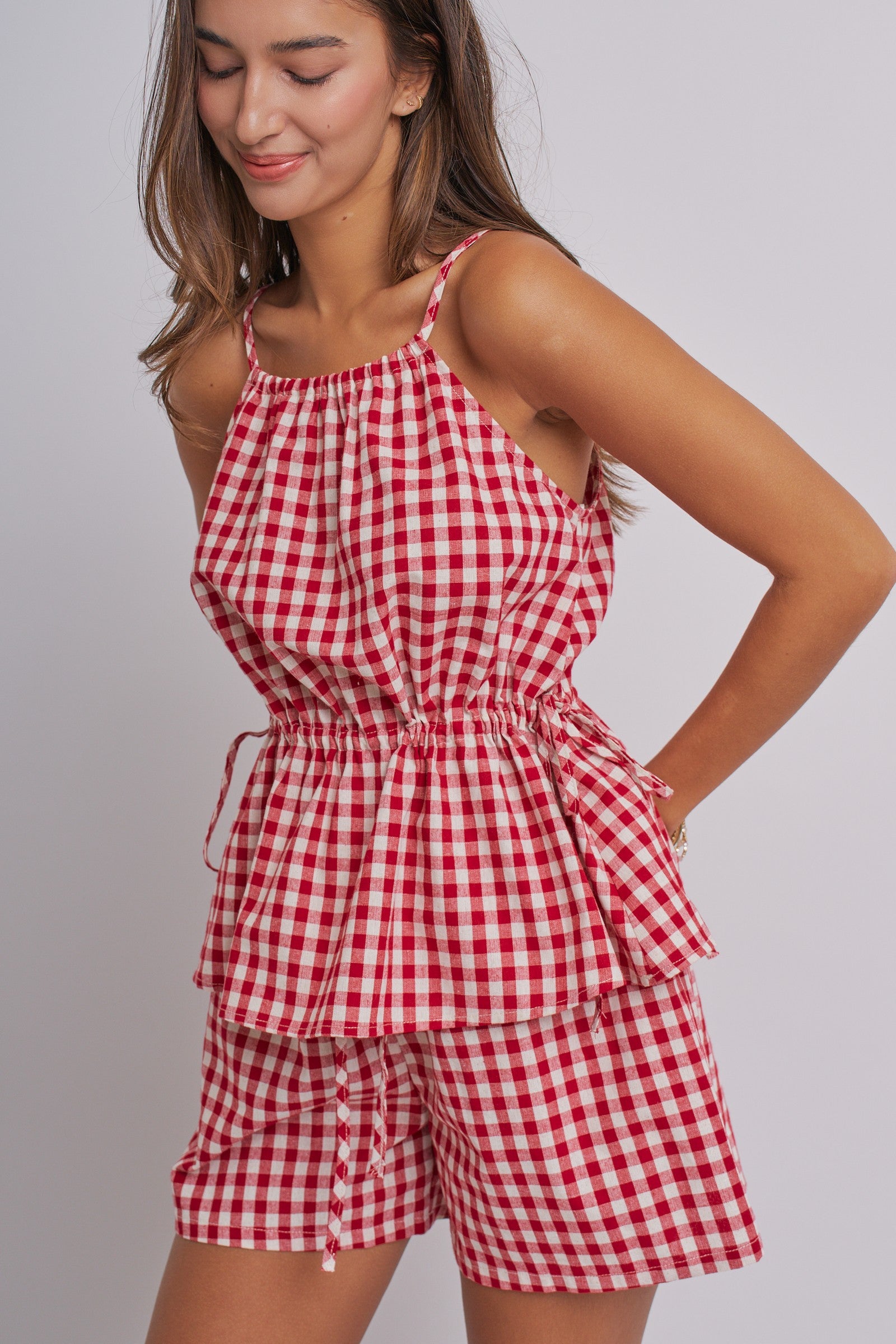 Gingham Two Piece Halter Top And Shorts Set in Red - Women's Sets | Urban Daizy