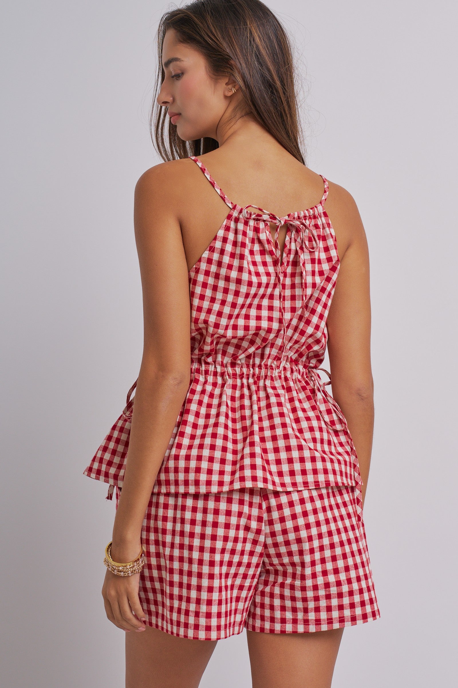 Gingham Two Piece Halter Top And Shorts Set in Red - Women's Sets | Urban Daizy