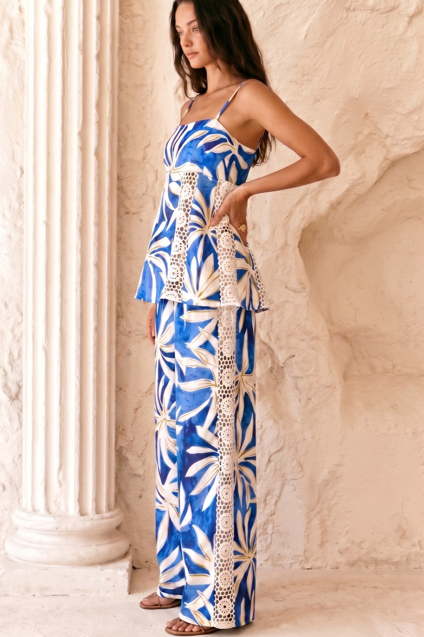 Printed Cami & Wide-Leg Pant Two-Piece Set in Blue Ivory - Women's Sets | Urban Daizy
