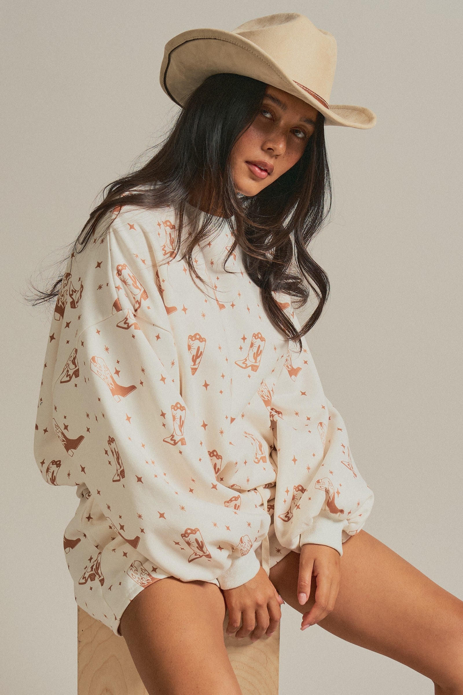 Western Boot Print Sweatshirt and Shorts Set in Cream - Women's Sets | Urban Daizy