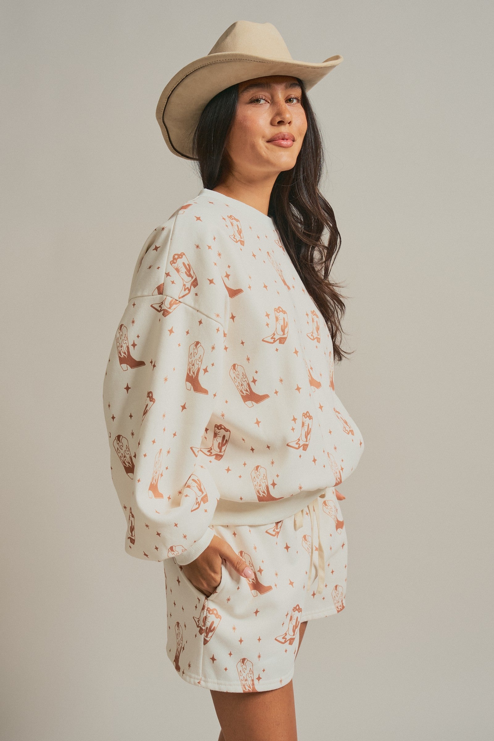 Western Boot Print Sweatshirt and Shorts Set in Cream - Women's Sets | Urban Daizy
