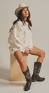 Western Boot Print Sweatshirt and Shorts Set in Cream - Women's Sets | Urban Daizy