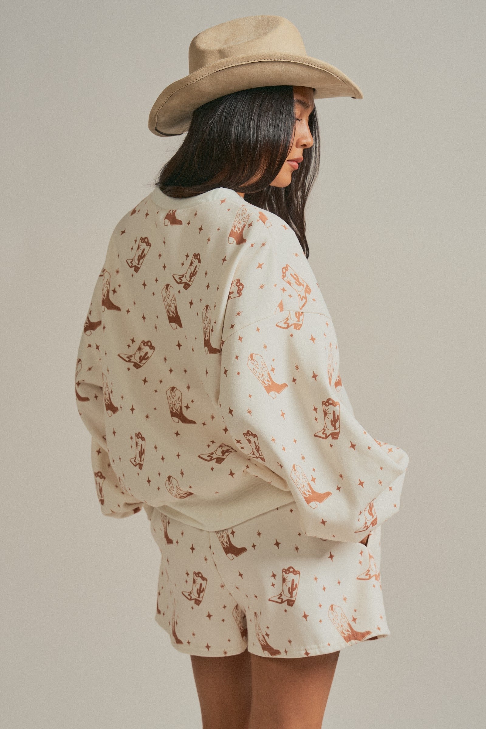 Western Boot Print Sweatshirt and Shorts Set in Cream - Women's Sets | Urban Daizy
