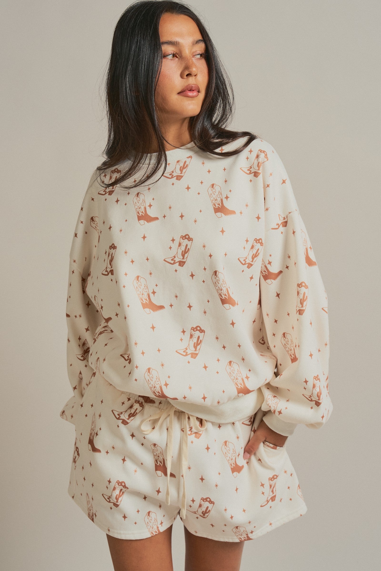Western Boot Print Sweatshirt and Shorts Set in Cream - Women's Sets | Urban Daizy