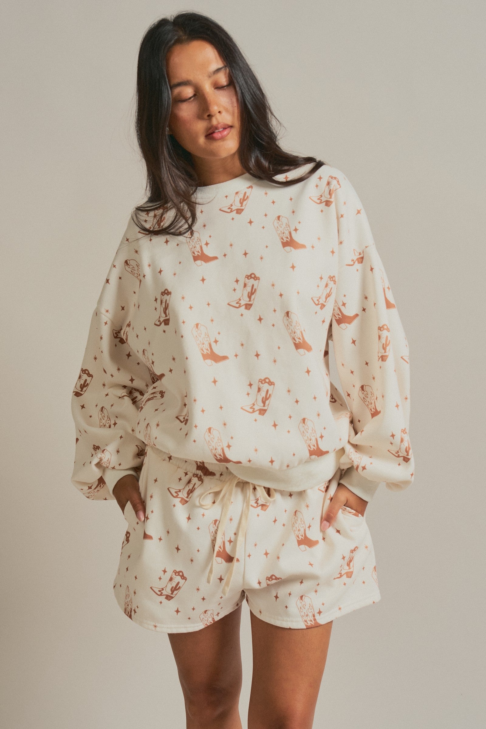 Western Boot Print Sweatshirt and Shorts Set in Cream - Women's Sets | Urban Daizy