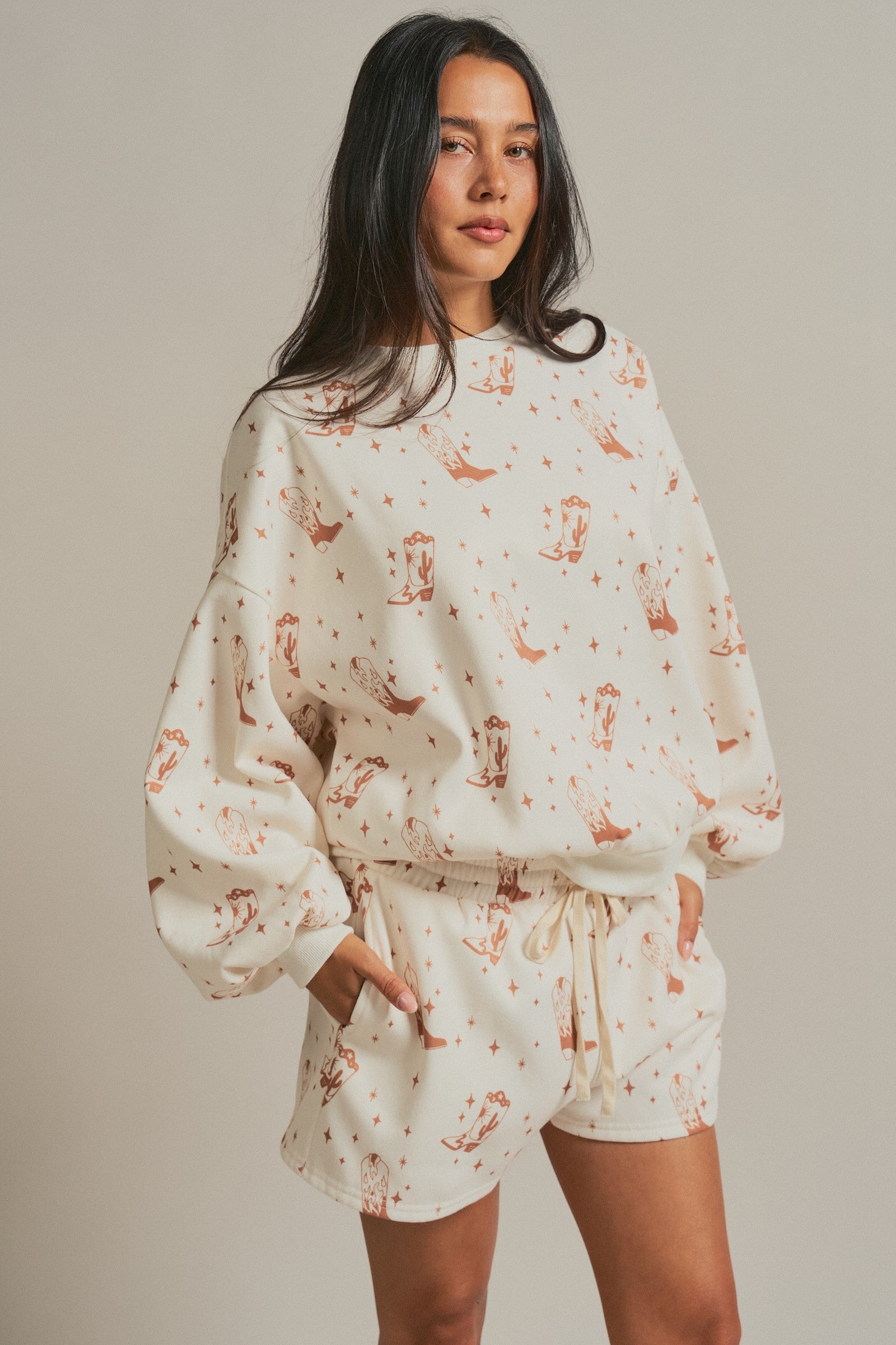 Western Boot Print Sweatshirt and Shorts Set in Cream - Women's Sets | Urban Daizy