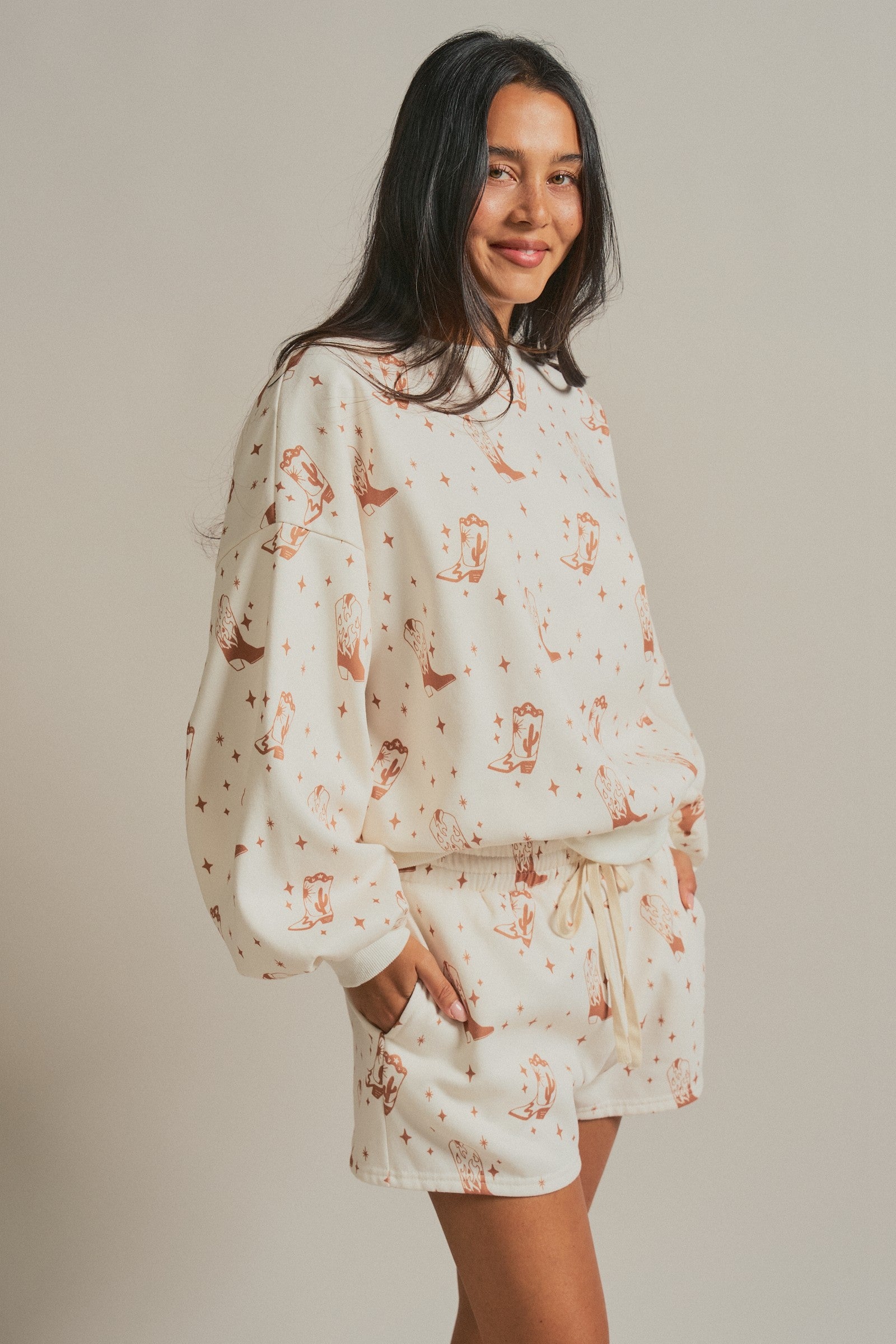 Western Boot Print Sweatshirt and Shorts Set in Cream - Women's Sets | Urban Daizy