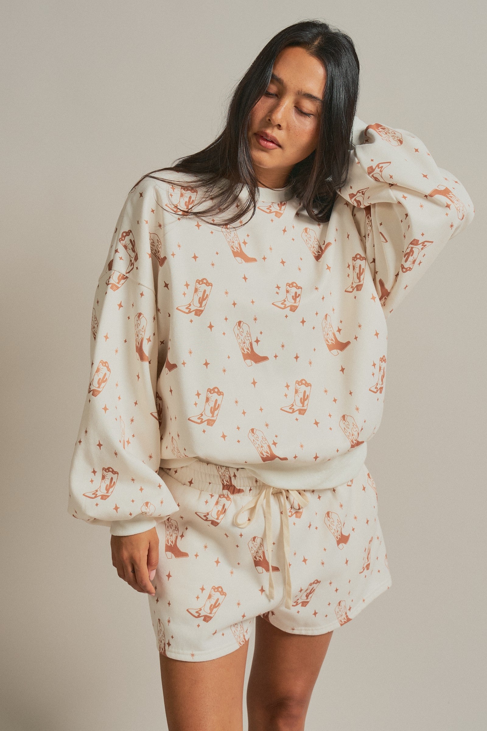 Western Boot Print Sweatshirt and Shorts Set in Cream - Women's Sets | Urban Daizy