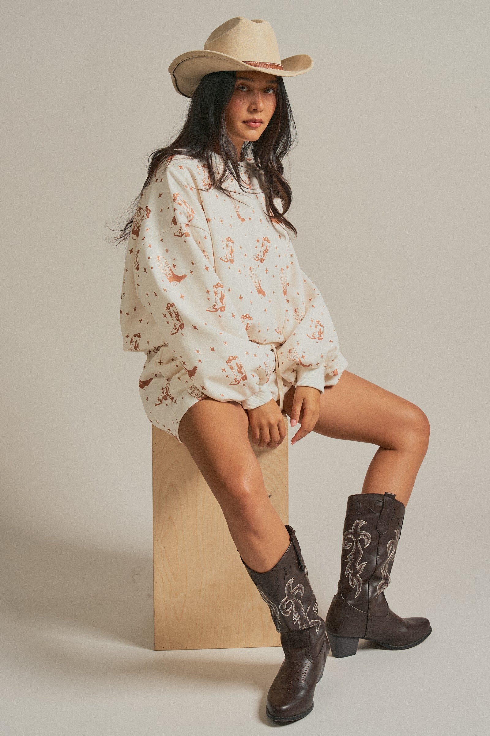 Western Boot Print Sweatshirt and Shorts Set in Cream - Women's Sets | Urban Daizy