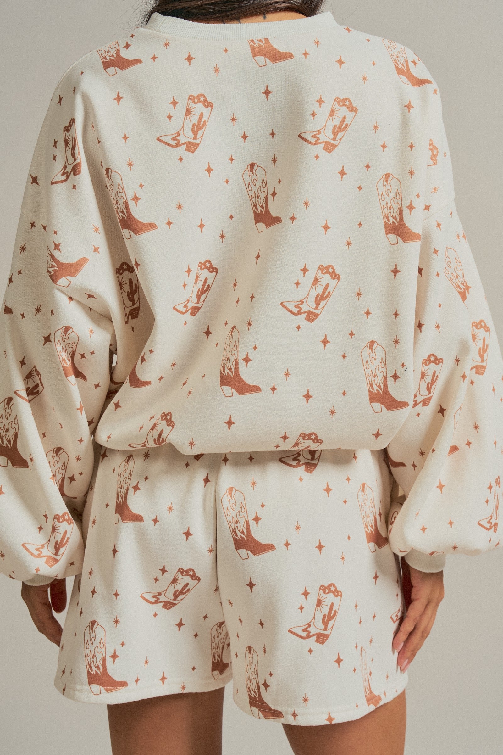 Western Boot Print Sweatshirt and Shorts Set in Cream - Women's Sets | Urban Daizy
