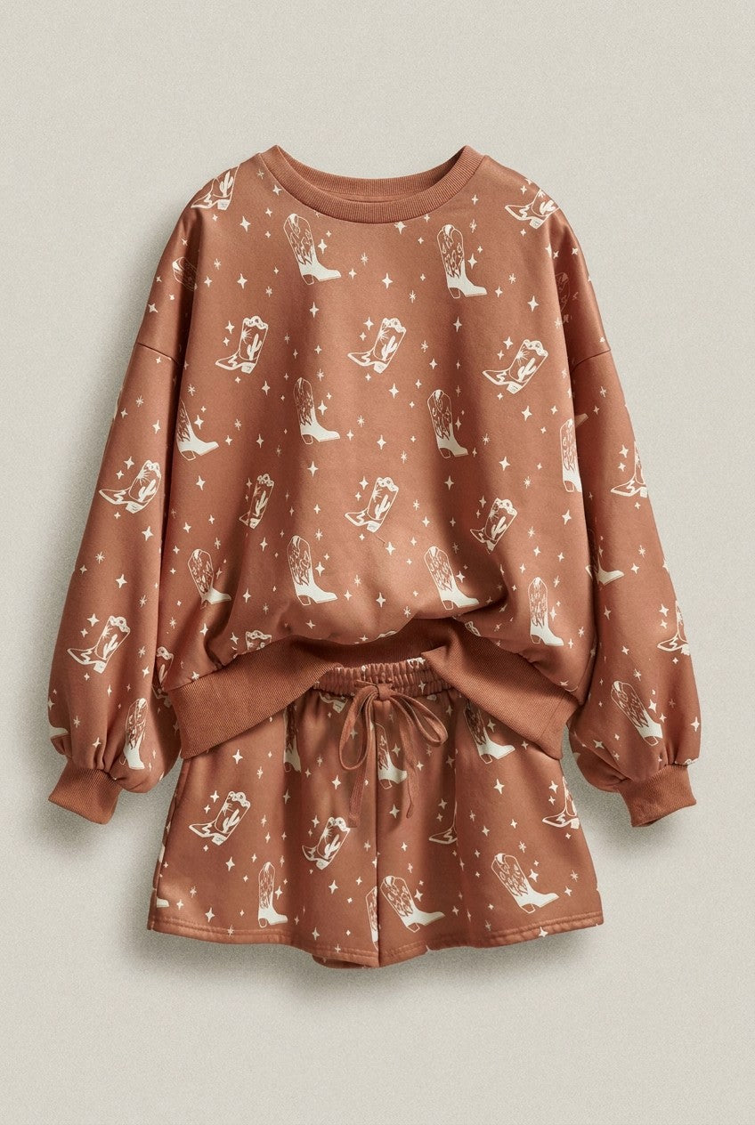 Western Boot Print Sweatshirt and Shorts Set in Rust - Women's Sets | Urban Daizy