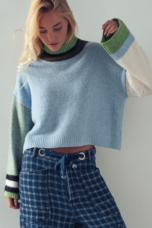 Colorblock Knit Crewneck Pullover Sweater in Blue Sage - Women's Sweaters | Urban Daizy