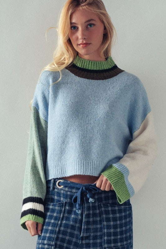 Colorblock Knit Crewneck Pullover Sweater in Blue Sage - Women's Sweaters | Urban Daizy