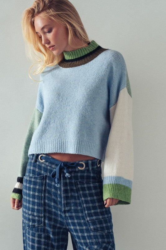 Colorblock Knit Crewneck Pullover Sweater in Blue Sage - Women's Sweaters | Urban Daizy
