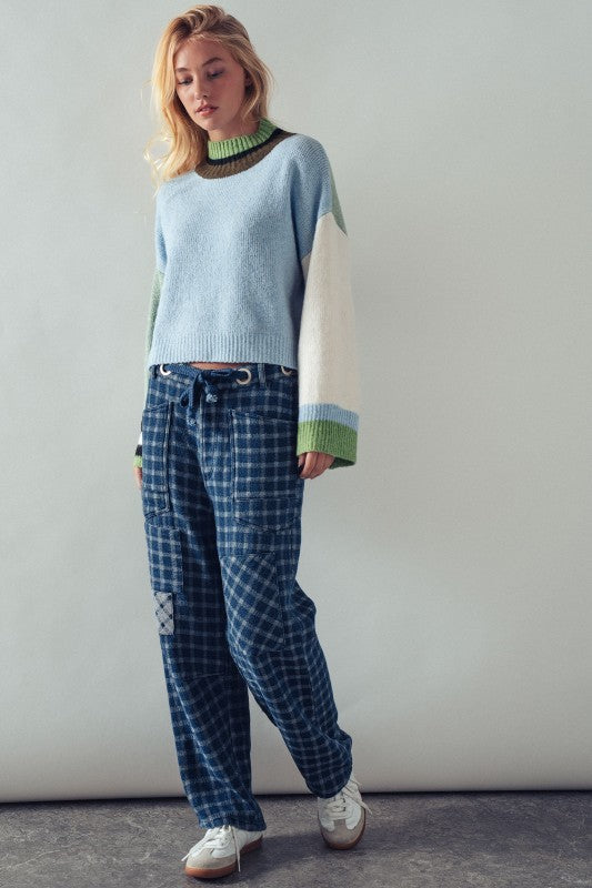Colorblock Knit Crewneck Pullover Sweater in Blue Sage - Women's Sweaters | Urban Daizy